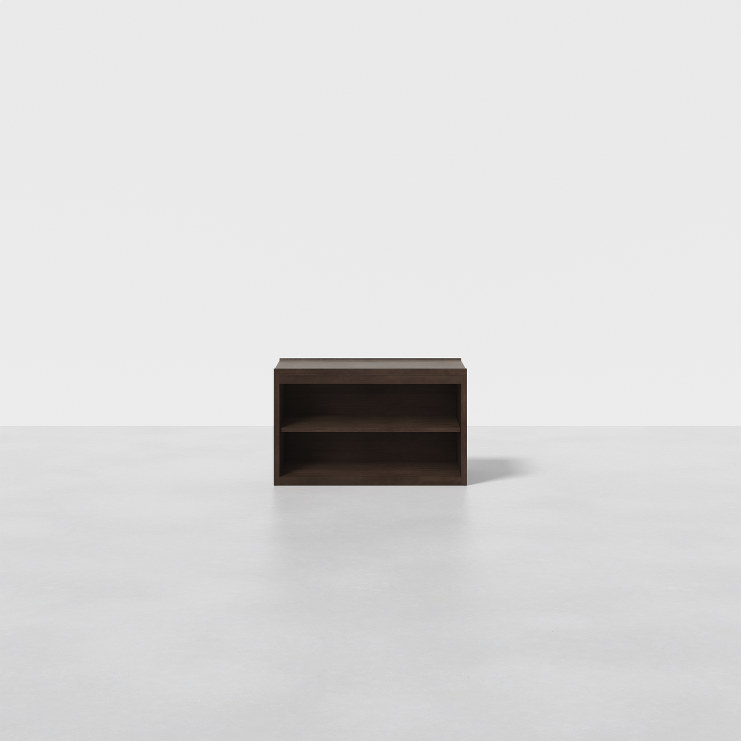 The Nest Nightstand Open is a dark brown, rectangular wooden shelf with two open compartments, shown on a light gray floor against a plain white background.